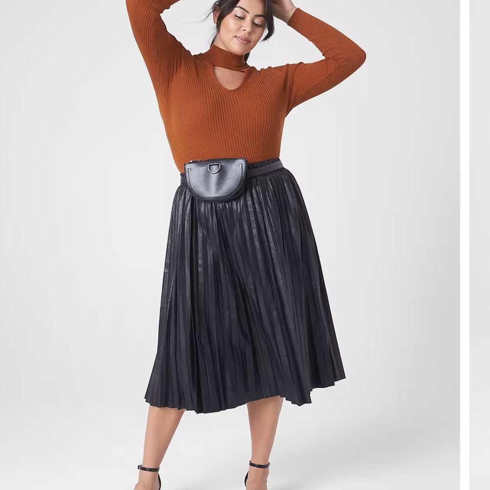Lane Bryant Elegant Black Pleated Midi Faux Leather Skirt